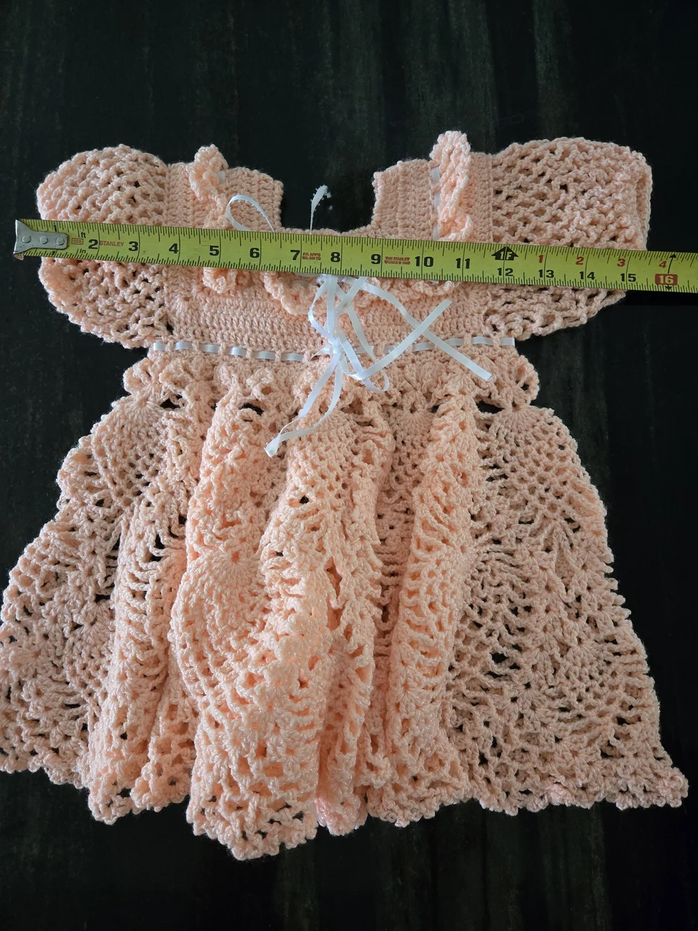 Handmade Peach Crochet Baby Dress with Ribbon Detail